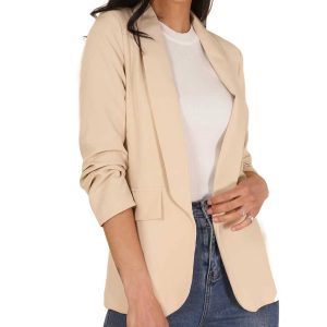 Afbeelding van ruched sleeve blazer beige.