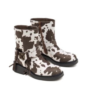 Trendy cowprint enkellaarsjes met vlechtband en blokhak – wit en bruin – Straatstijl.nl